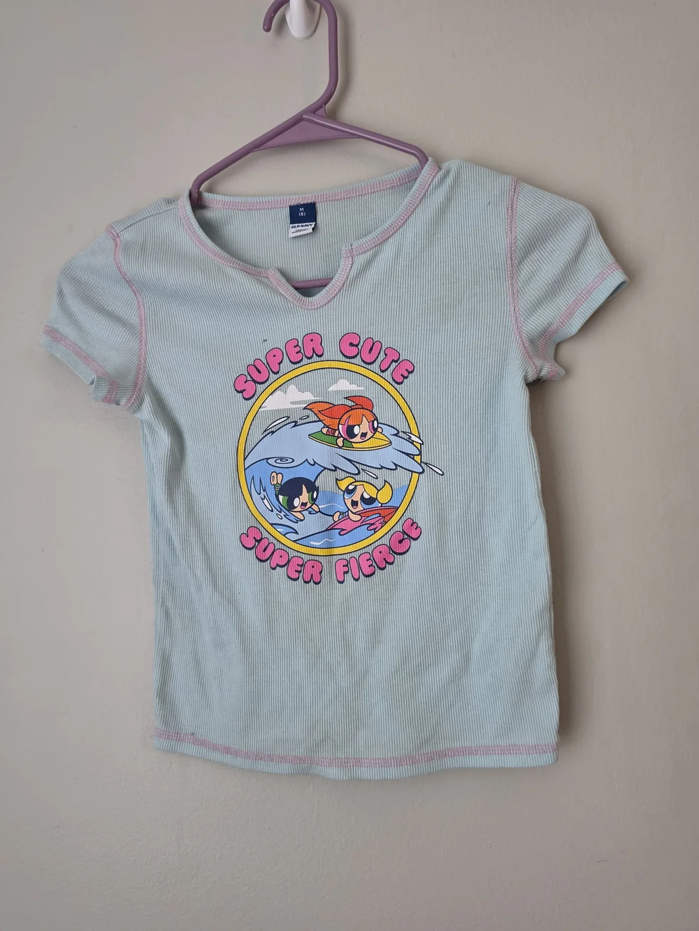 Old Navy Light Blue Ribbed Tee with Pink Trim & Powerpuff Graphic